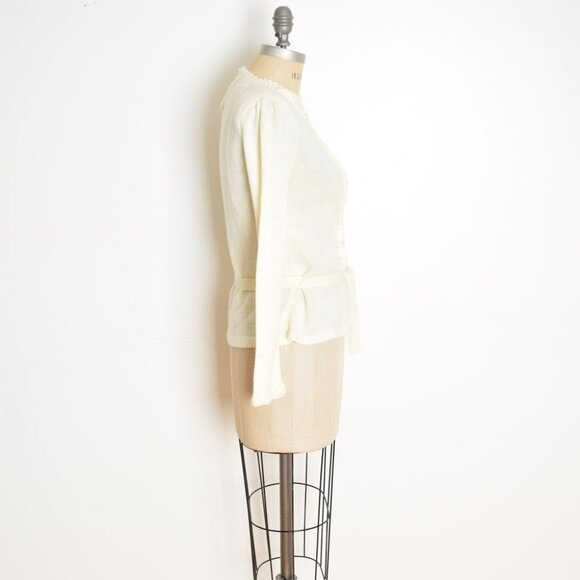 vintage 70s sweater cream pointelle rosettes belted hippie boho jumper top S - Picture 5 of 10